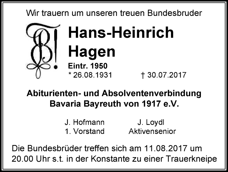  Traueranzeige für Hans-Heinrich Hagen vom 08.08.2017 aus Nordbayerischer Kurier