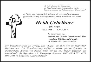 Anzeige von Heidi Uebelhoer von Nordbayerischer Kurier