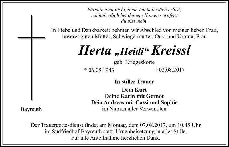  Traueranzeige für Herta Kreissl vom 04.08.2017 aus Nordbayerischer Kurier