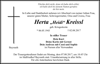 Anzeige von Herta Kreissl von Nordbayerischer Kurier
