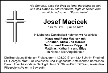 Anzeige von Josef Macicek von Nordbayerischer Kurier
