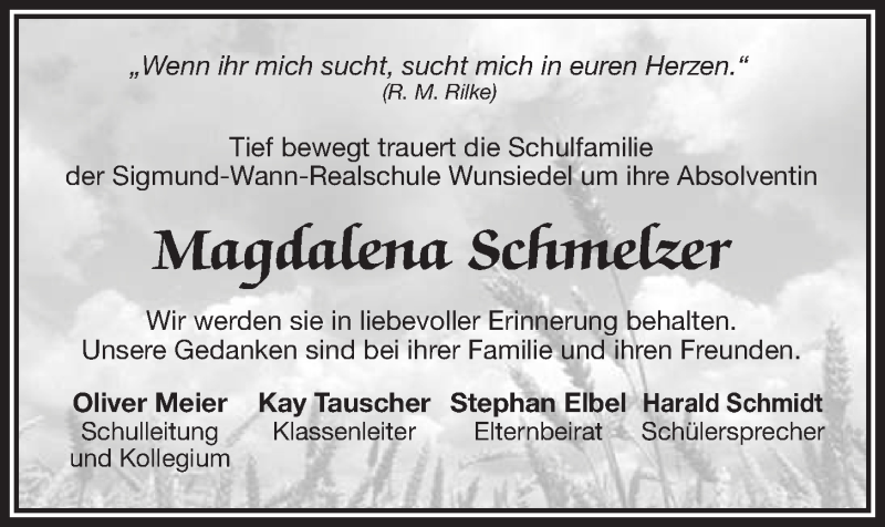  Traueranzeige für Magdalena Schmelzer vom 09.08.2017 aus Nordbayerischer Kurier