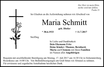 Anzeige von Maria Schmitt von Nordbayerischer Kurier