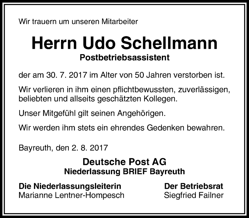  Traueranzeige für Udo Schellmann vom 02.08.2017 aus Nordbayerischer Kurier
