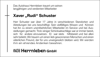 Anzeige von Xaver Schuster von Nordbayerischer Kurier