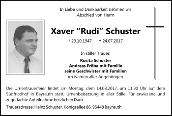 Anzeige von Xaver Schuster von Nordbayerischer Kurier