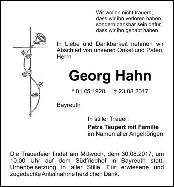 Anzeige von Georg Hahn von Nordbayerischer Kurier