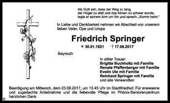 Anzeige von Friedrich Springer von Nordbayerischer Kurier