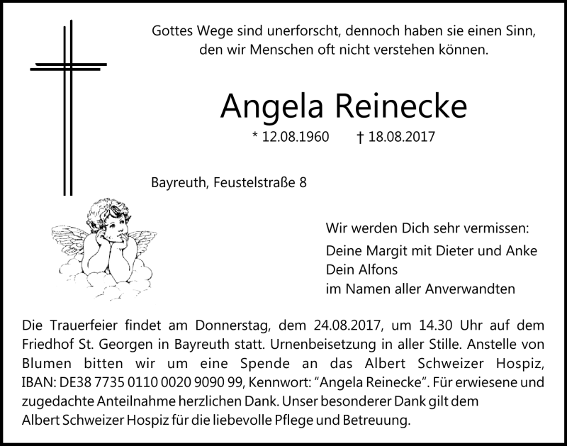  Traueranzeige für Angela Reinecke vom 22.08.2017 aus Nordbayerischer Kurier