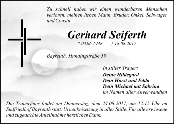 Anzeige von Gerhard Seiferth von Nordbayerischer Kurier