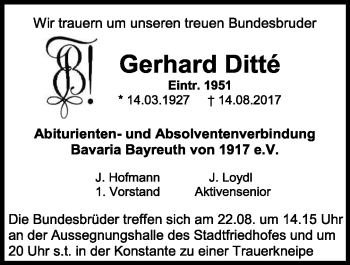 Anzeige von Gerhard Ditté von Nordbayerischer Kurier