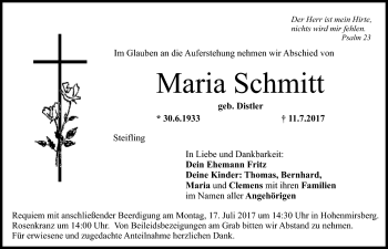 Anzeige von Maria Schmitt von Nordbayerischer Kurier