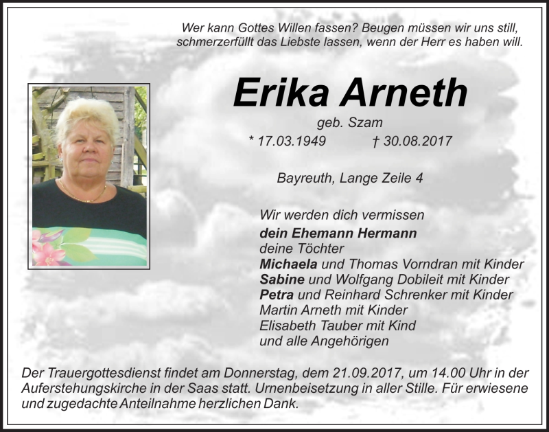  Traueranzeige für Erika Arneth vom 12.09.2017 aus Nordbayerischer Kurier