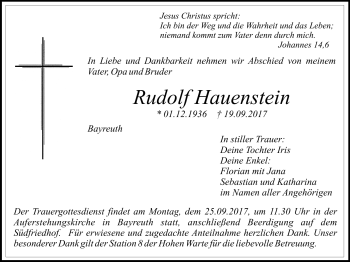 Anzeige von Rudolf Hauenstein von Nordbayerischer Kurier