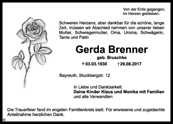 Anzeige von Gerda Brenner von Nordbayerischer Kurier