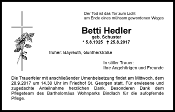 Anzeige von Betti Hedler von Nordbayerischer Kurier