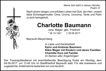 Anzeige von Charlotte Baumann von Nordbayerischer Kurier