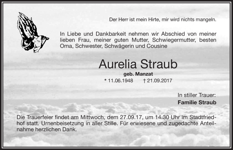  Traueranzeige für Aurelia Straub vom 23.09.2017 aus Nordbayerischer Kurier