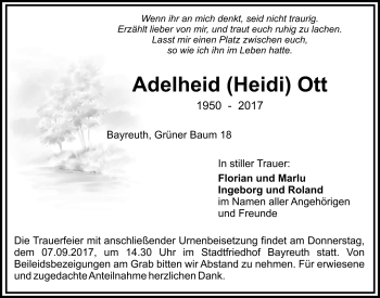 Anzeige von Adelheid Ott von Nordbayerischer Kurier