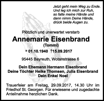 Anzeige von Annemarie Eisenbrand von Nordbayerischer Kurier