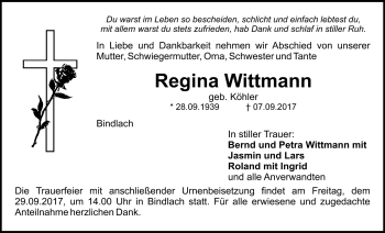 Anzeige von Regina Wittmann von Nordbayerischer Kurier