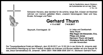 Anzeige von Gerhard Thurn von Nordbayerischer Kurier