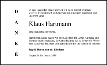 Anzeige von Klaus Hartmann von Nordbayerischer Kurier