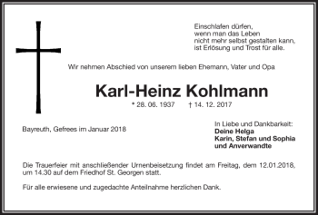 Anzeige von Karl-Heinz Kohlmann von Nordbayerischer Kurier
