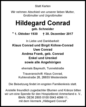 Anzeige von Hildegard Conrad von Nordbayerischer Kurier