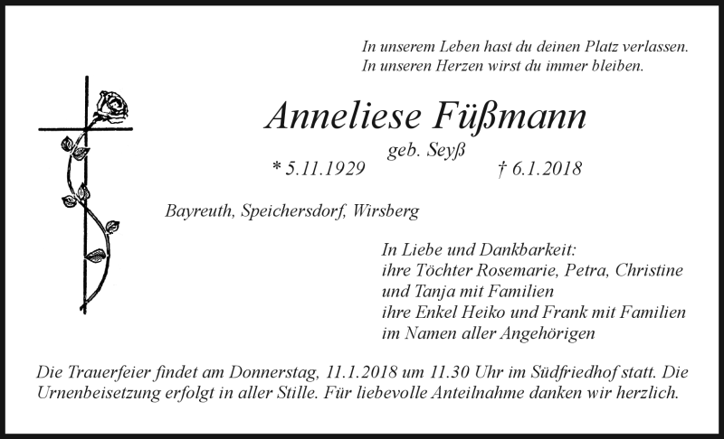  Traueranzeige für Anneliese Füßmann vom 10.01.2018 aus Nordbayerischer Kurier