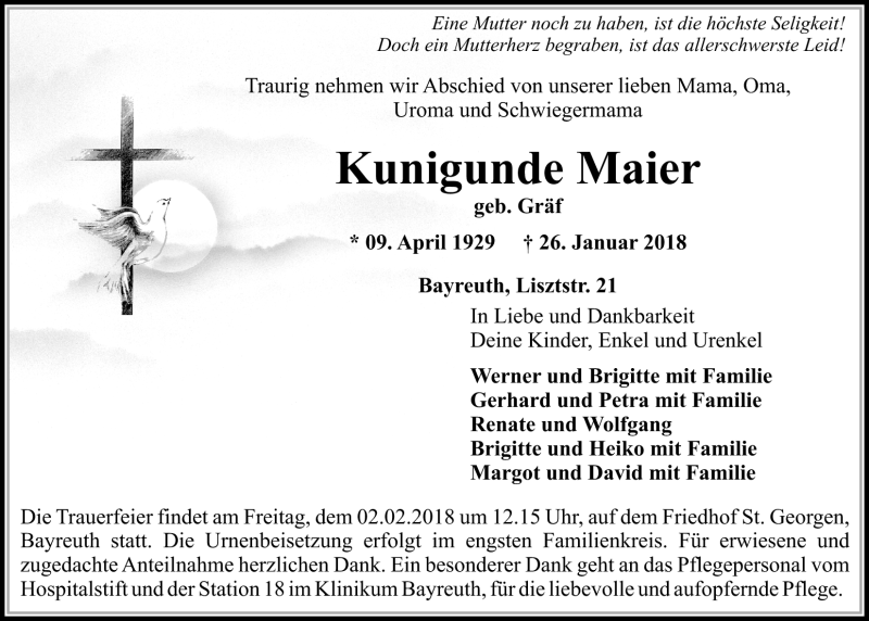  Traueranzeige für Kunigunde Maier vom 31.01.2018 aus Nordbayerischer Kurier