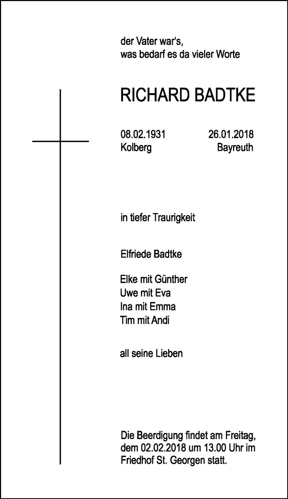  Traueranzeige für Richard Badtke vom 31.01.2018 aus Nordbayerischer Kurier