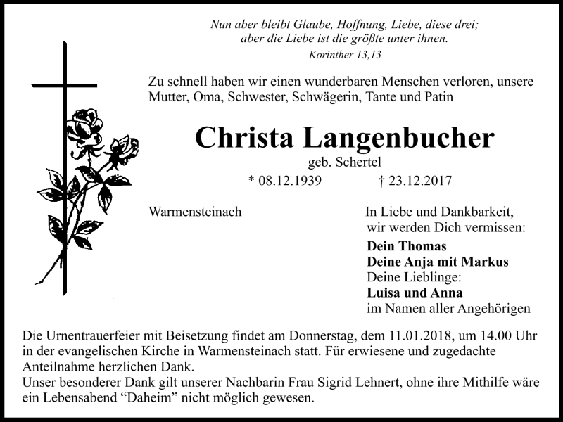  Traueranzeige für Christa Langenbucher vom 08.01.2018 aus Nordbayerischer Kurier