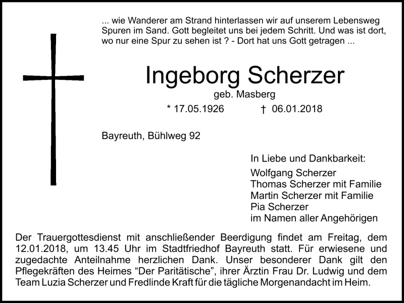  Traueranzeige für Ingeborg Scherzer vom 10.01.2018 aus Nordbayerischer Kurier