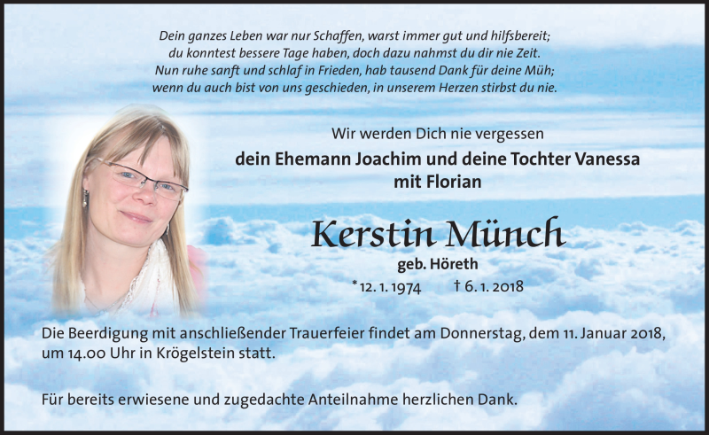  Traueranzeige für Kerstin Münch vom 09.01.2018 aus Nordbayerischer Kurier