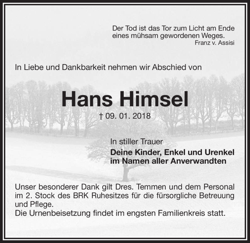  Traueranzeige für Hans Himsel vom 20.01.2018 aus Nordbayerischer Kurier