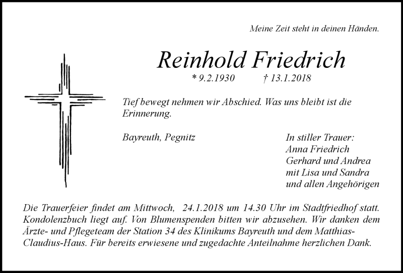  Traueranzeige für Reinhold Friedrich vom 20.01.2018 aus Nordbayerischer Kurier
