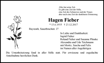 Anzeige von Hagen Fieber von Nordbayerischer Kurier