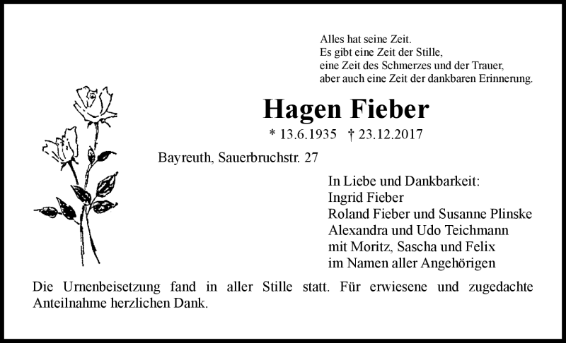  Traueranzeige für Hagen Fieber vom 13.01.2018 aus Nordbayerischer Kurier