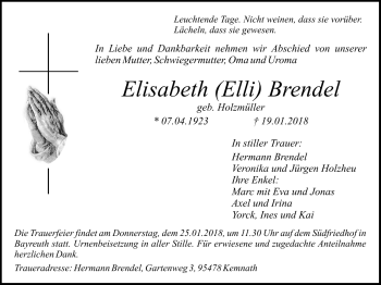 Anzeige von Elisabeth Brendel von Nordbayerischer Kurier