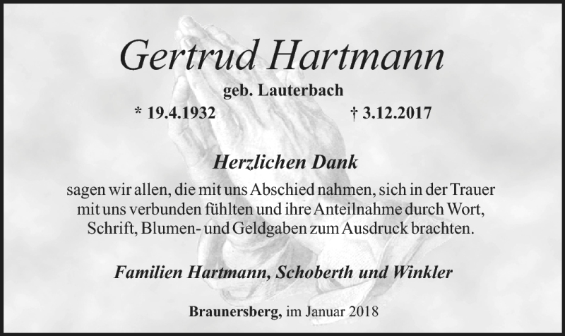  Traueranzeige für Gertrud Hartmann vom 13.01.2018 aus Nordbayerischer Kurier
