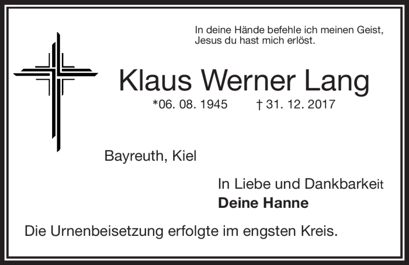  Traueranzeige für Klaus Werner Lang vom 10.01.2018 aus Nordbayerischer Kurier
