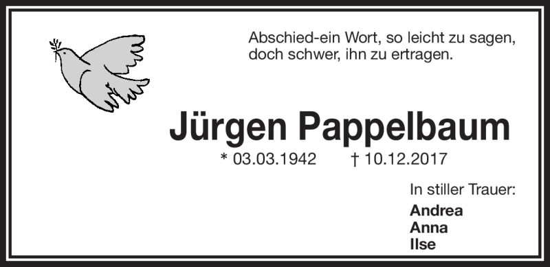  Traueranzeige für Jürgen Pappelbaum vom 13.01.2018 aus Nordbayerischer Kurier
