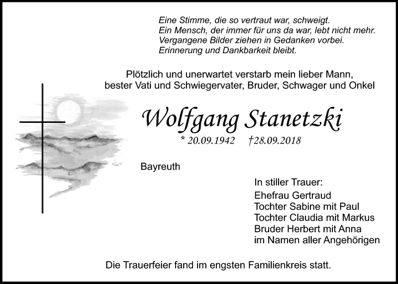  Traueranzeige für Wolfgang Stanetzki vom 06.10.2018 aus Nordbayerischer Kurier