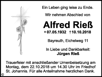 Anzeige von Alfred Rieß von Nordbayerischer Kurier