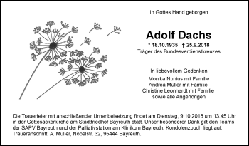 Anzeige von Adolf Dachs von Nordbayerischer Kurier