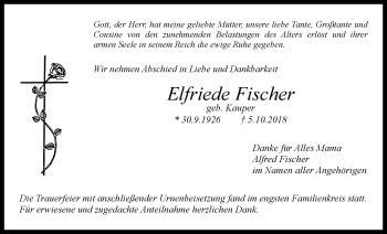 Anzeige von Elfriede Fischer von Nordbayerischer Kurier