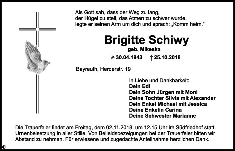  Traueranzeige für Brigitte Schiwy vom 30.10.2018 aus Nordbayerischer Kurier