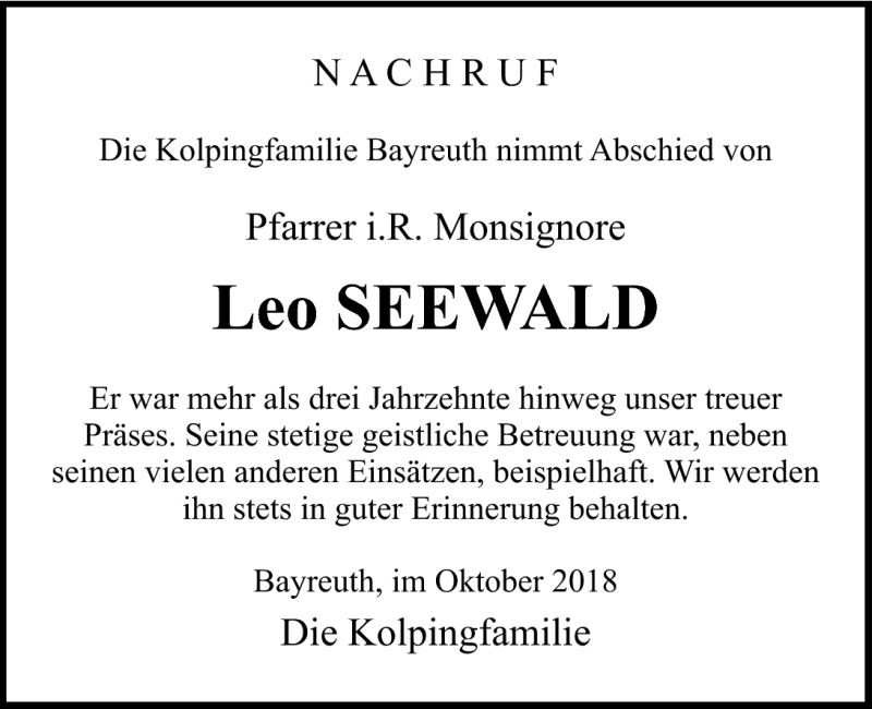  Traueranzeige für Leo Seewald vom 05.10.2018 aus Nordbayerischer Kurier