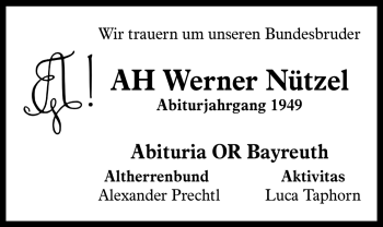 Anzeige von Werner Nützel von Nordbayerischer Kurier